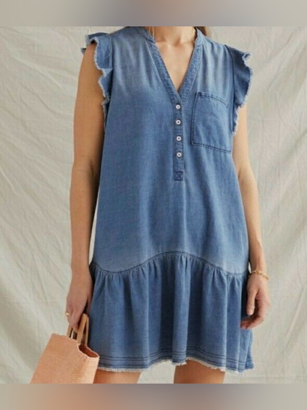 PILCRO $180 CAD denim chambray 100% cotton mini dress frayed hem